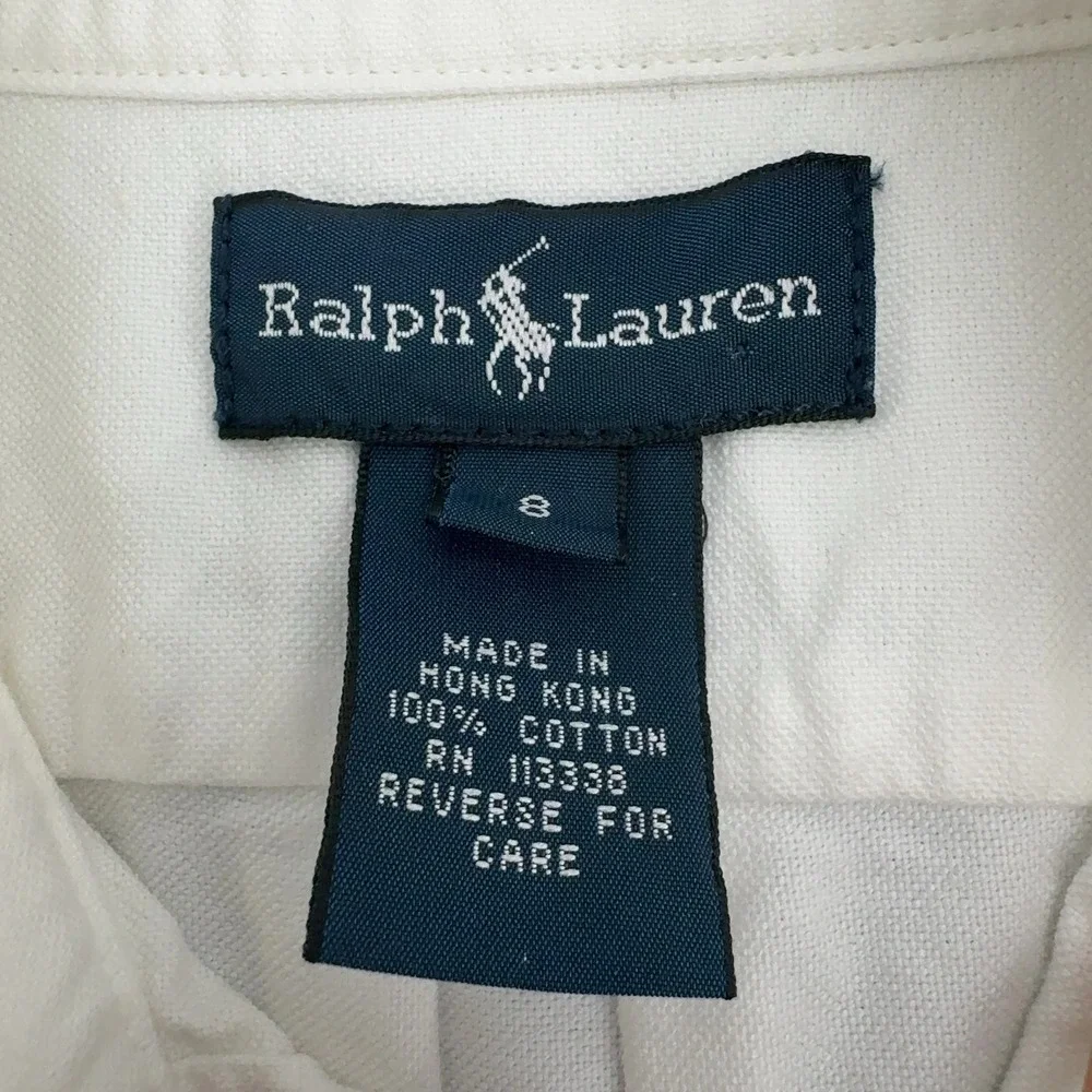 Ralph Lauren Button Down Shirt Girls 8 Cream Cotton Long Sleeve Preppy Classic